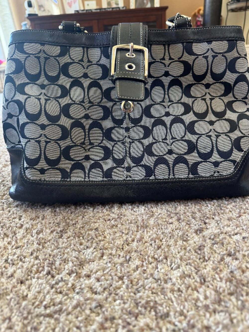 Coach Hamptons Signature Large Carryall Tote Bag Black Leather F12643